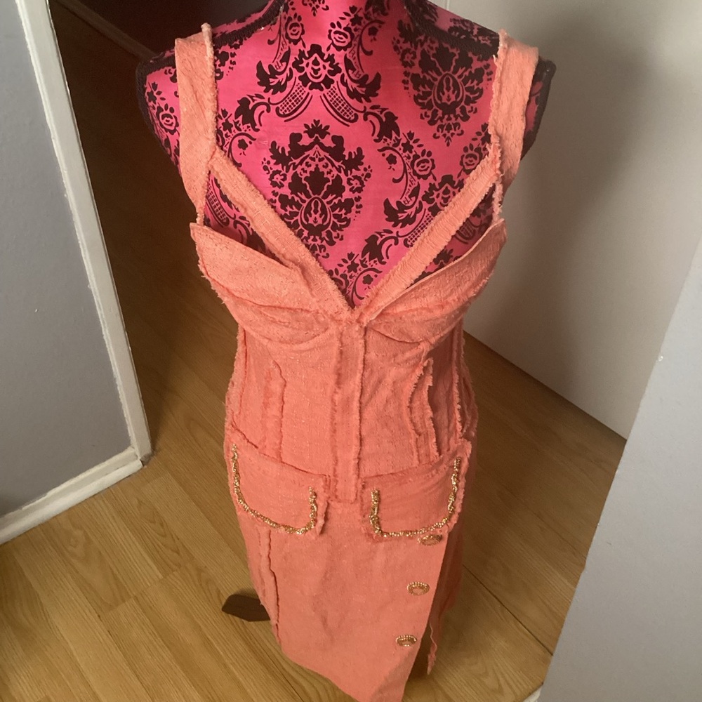 SANDRO MASMANIDI Orange Pink Ruched Bustier Midi Sundress S/M